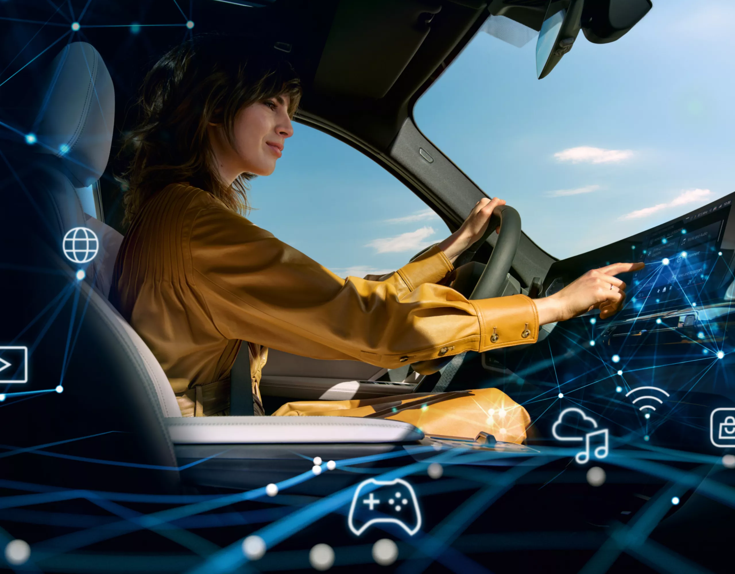 Eine Frau bedient das Curved Display in einem BMW mit BMW ConnectedDrive