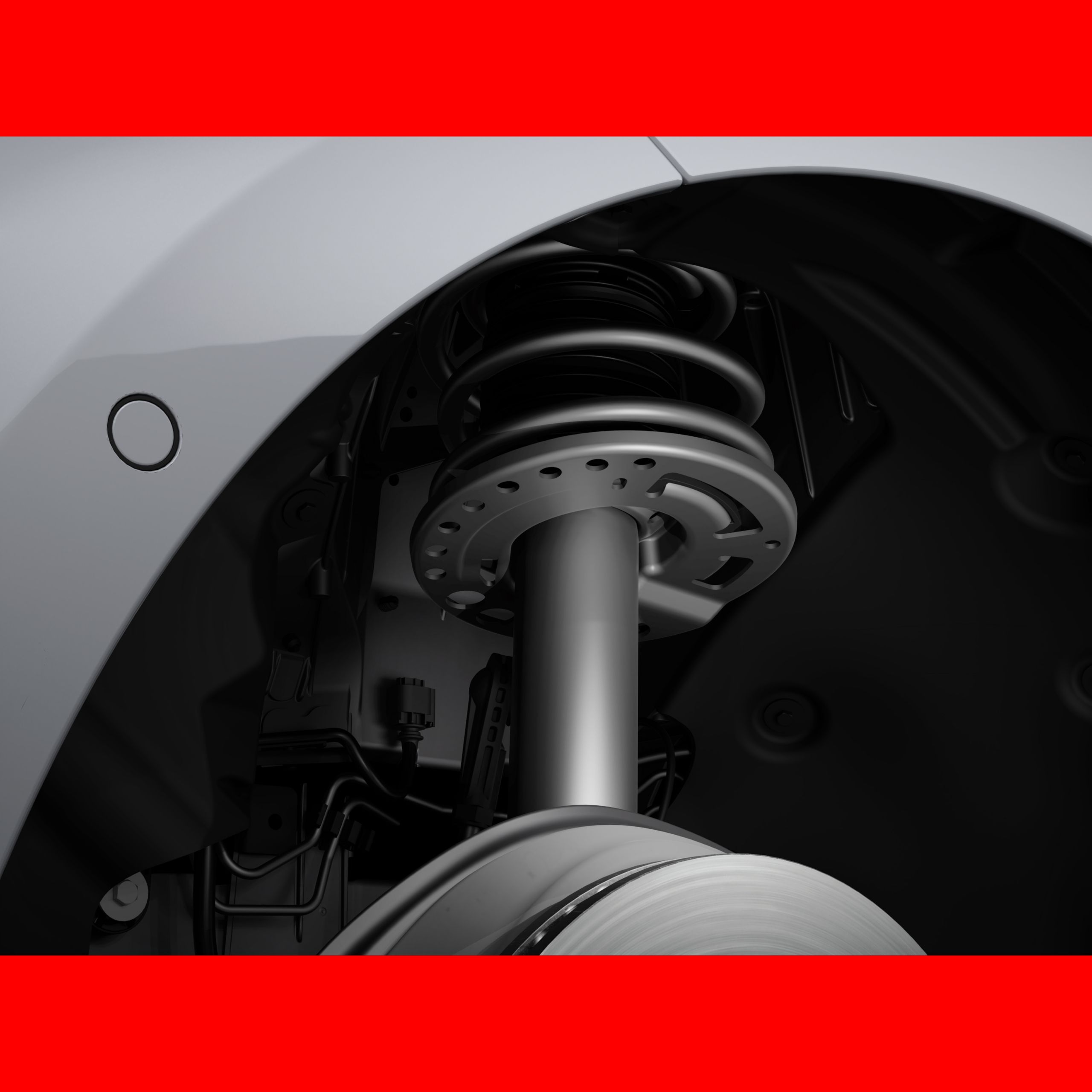 Close-up of the available Adaptive M Suspension on the BMW 330i Sedan