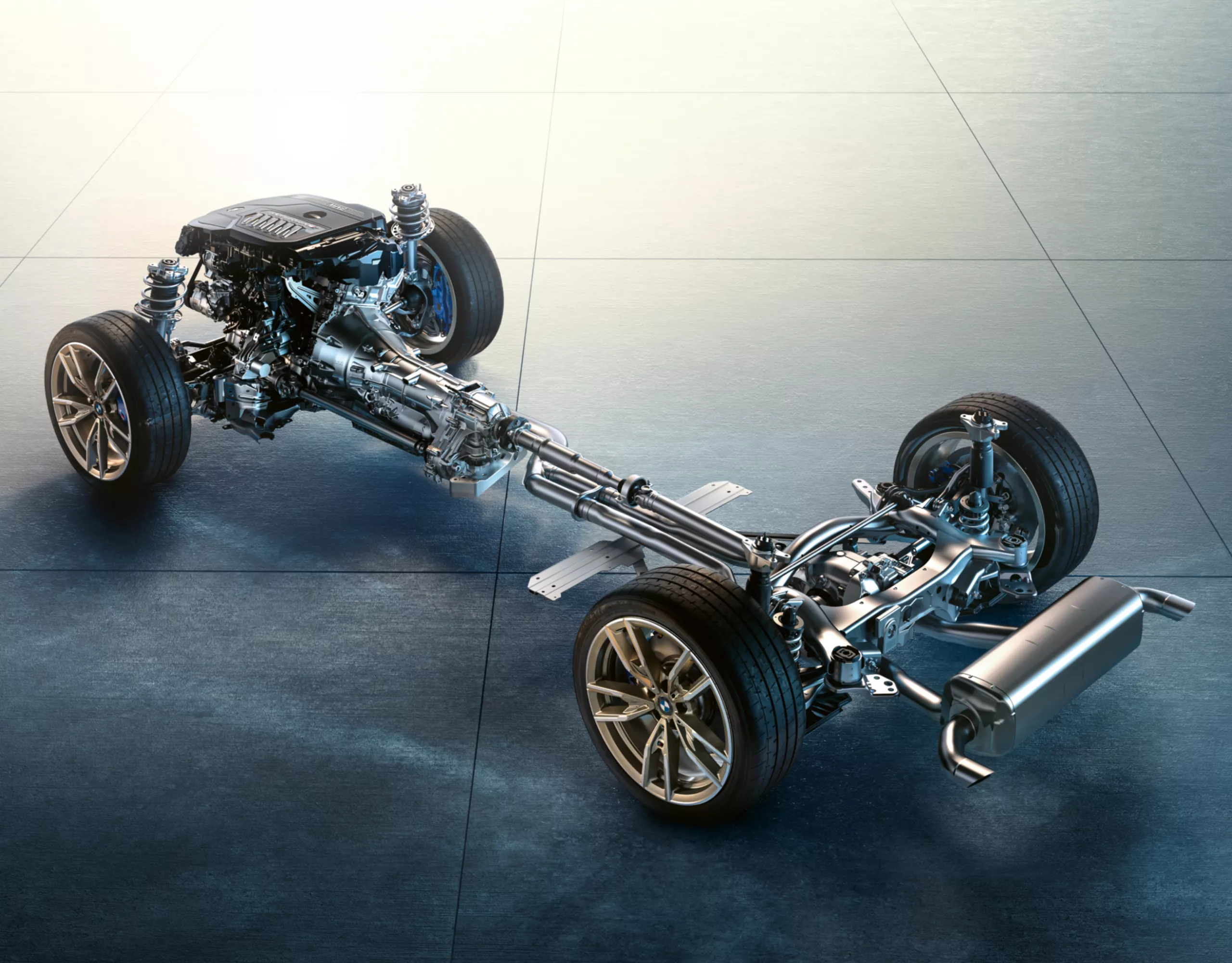 Chassis mit Antriebsstrang und Aufhängungselementen des Adaptivem M Fahrwerk wird detailliert dargestellt