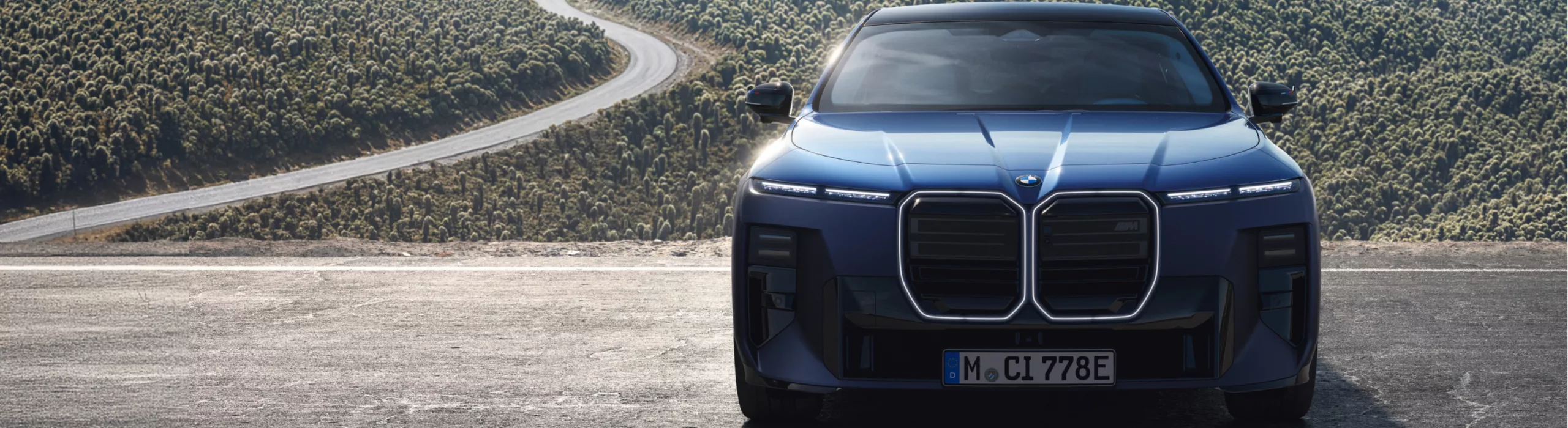 Widok BMW serii 7 M z przodu na tle drogi lokalnej