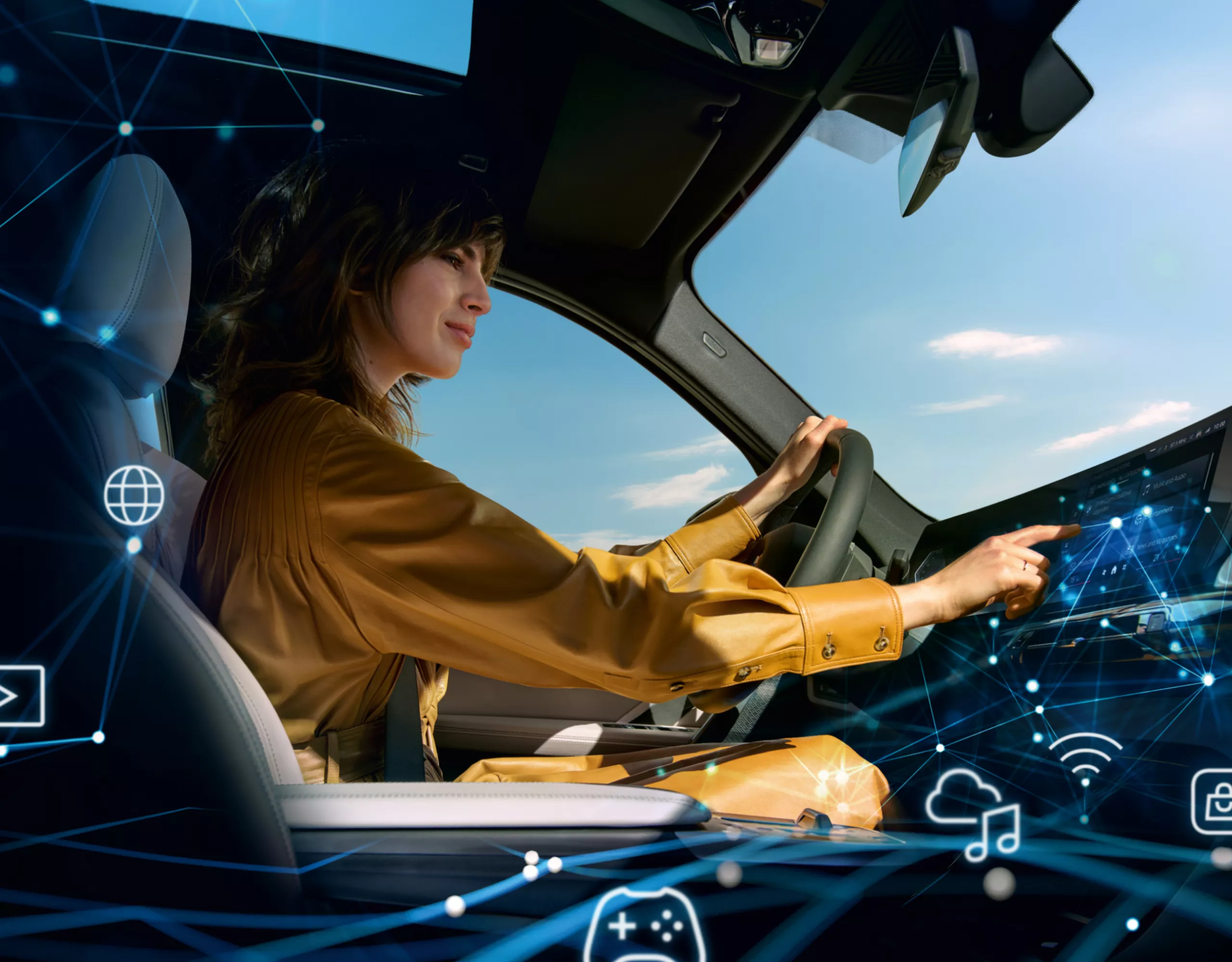 Eine Frau bedient das Curved Display in einem BMW mit BMW ConnectedDrive
