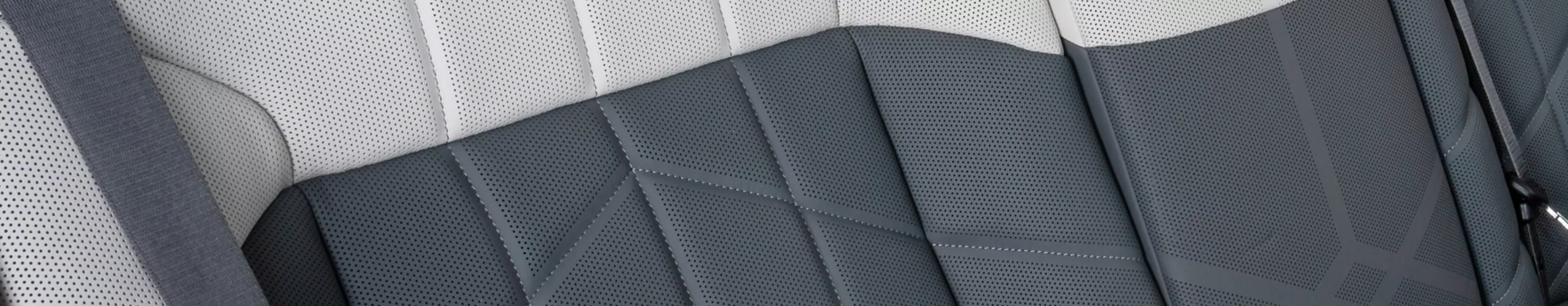 Charcoal and smoke white leather seats with the Black Knight emblem in the headrests