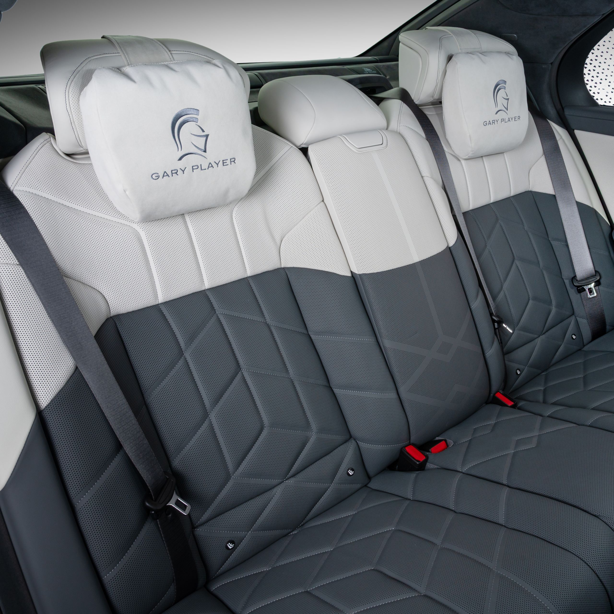Charcoal and smoke white leather seats with the Black Knight emblem in the headrests
