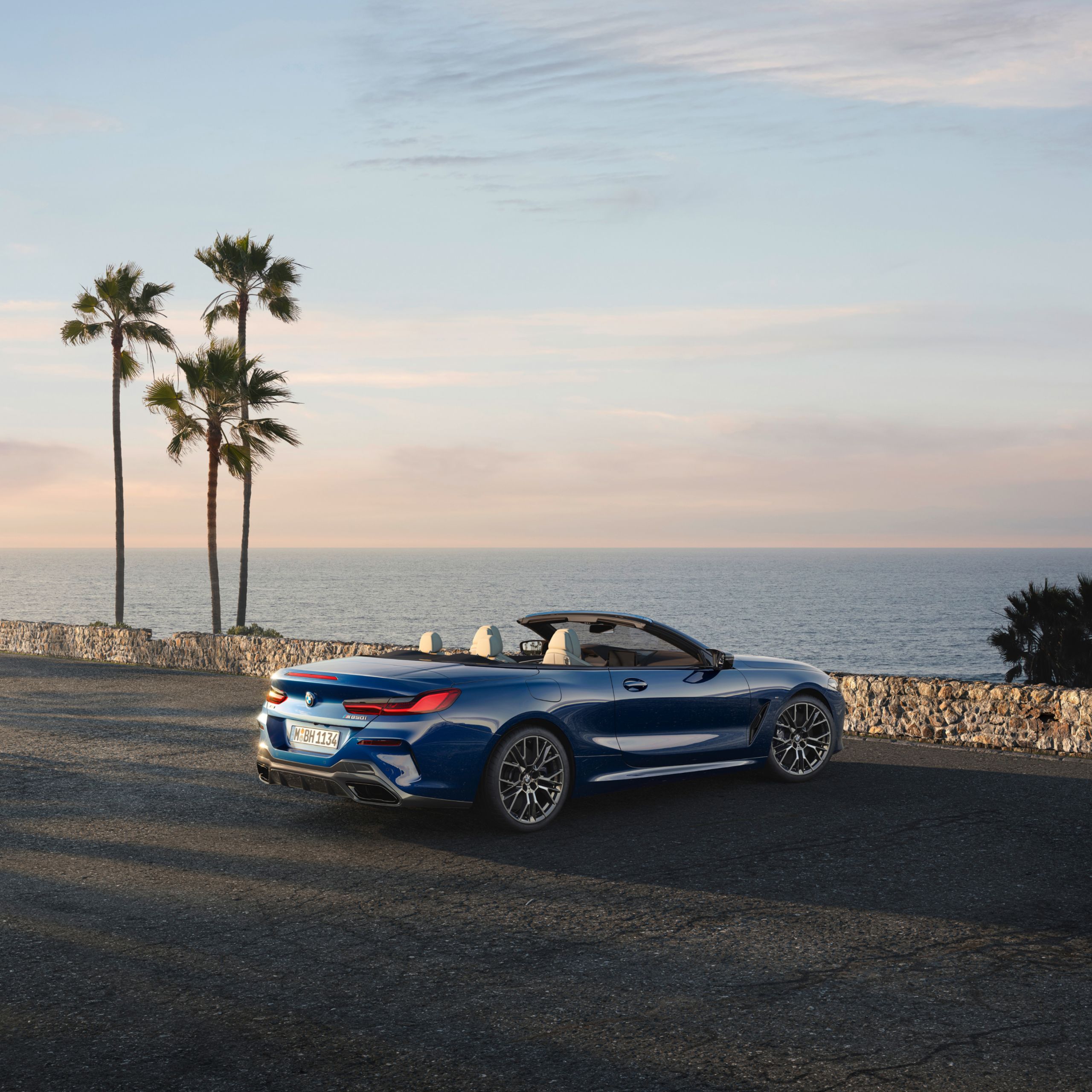BMW M850i xDrive Cabrio mit geöffnetem Dach vor Palmen mit Meerblick