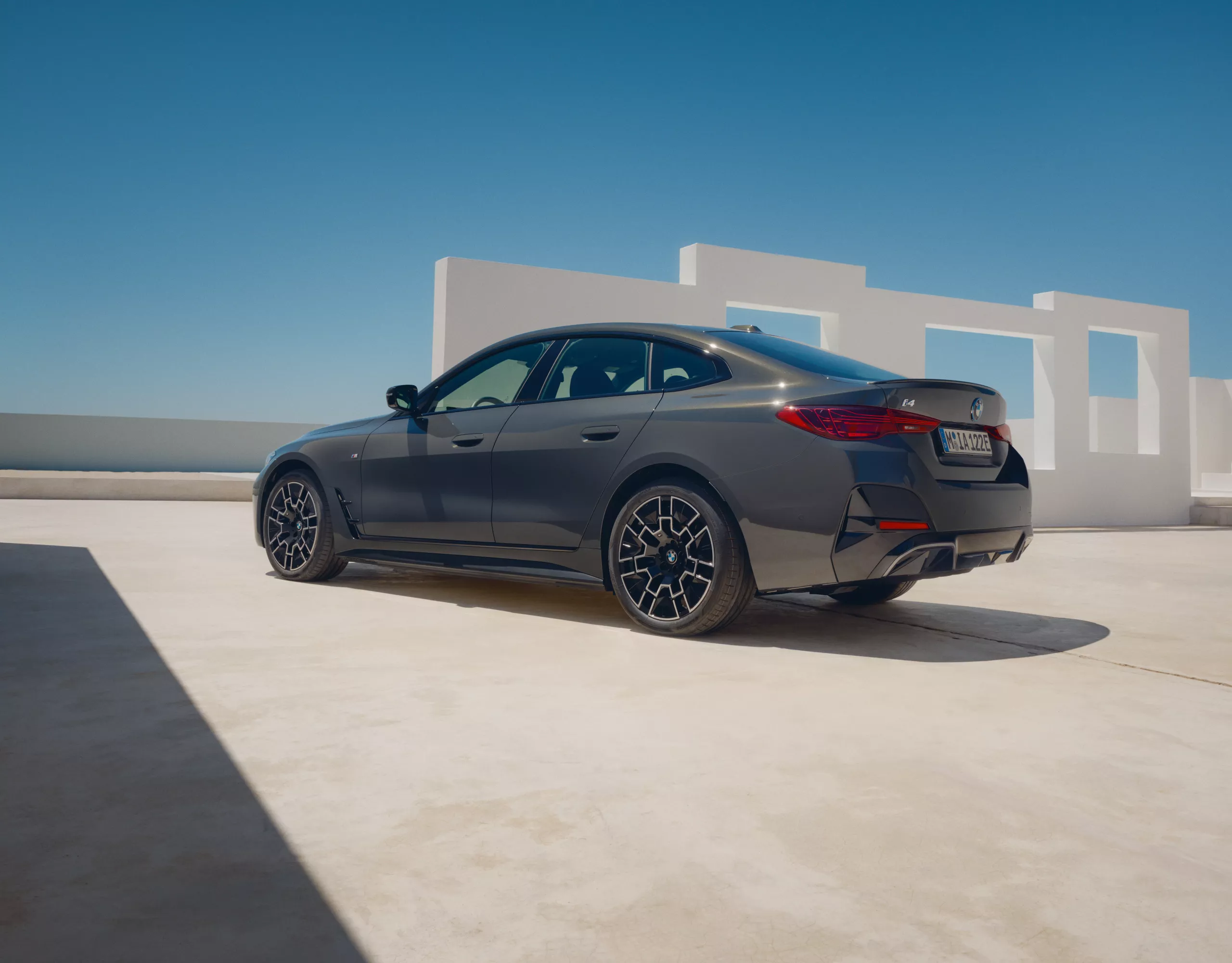 BMW i4 Gran Coupé grey rear view 