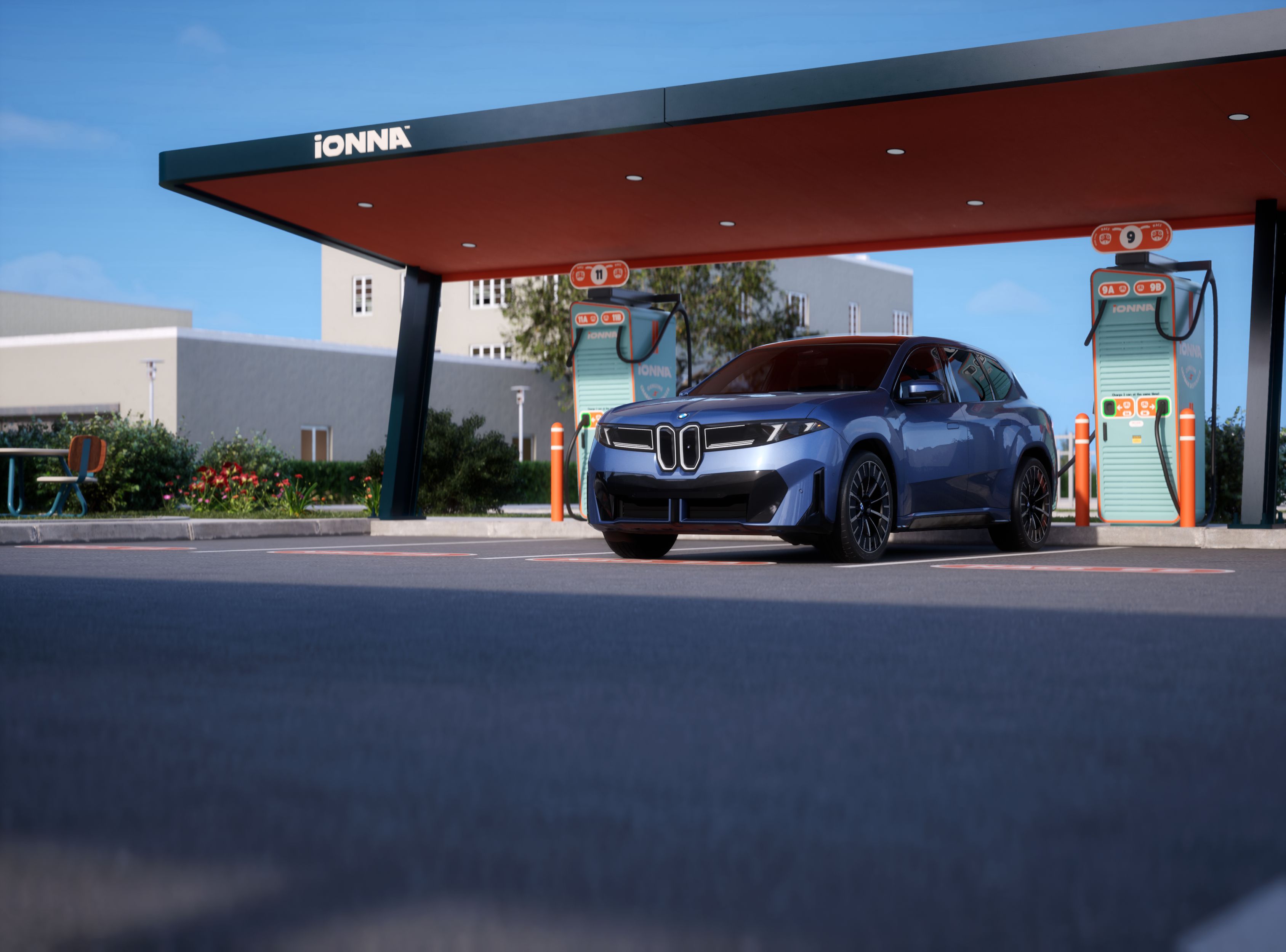 A BMW iX3 charging at an IONNA station