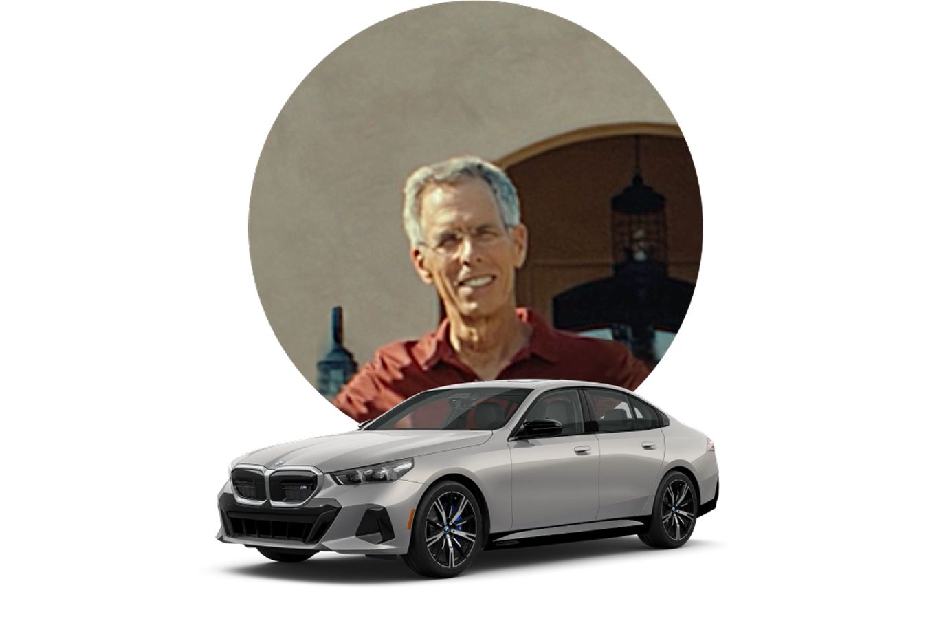 A headshot of John, a BMW EV driver, and his BMW i5 Sedan