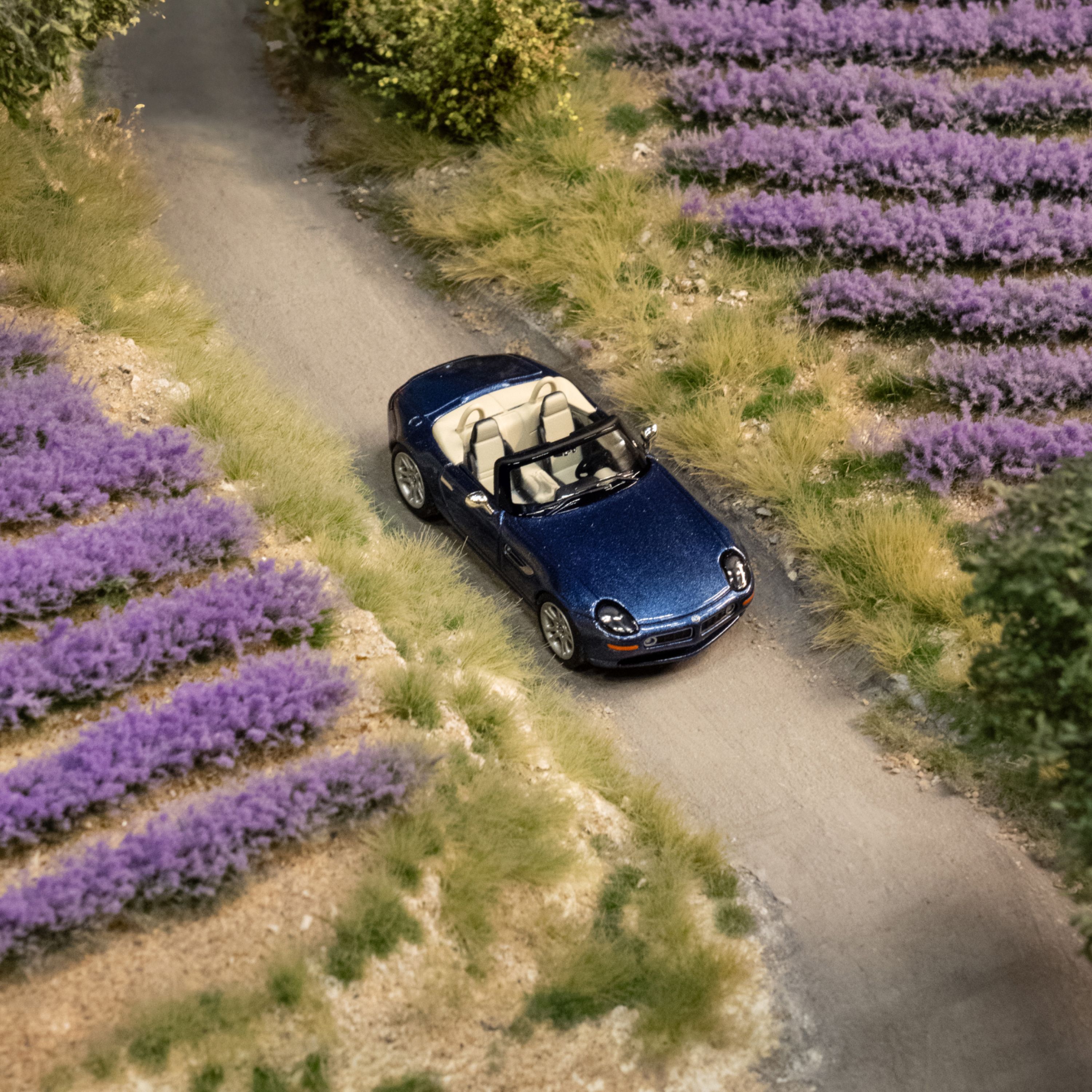 Modellino BMW Z8 BMW Lifestyle in blu metallizzato in un mondo in miniatura