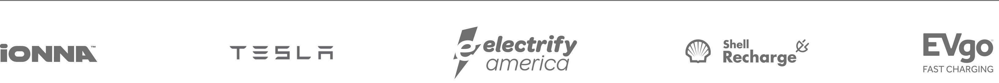 The logos of IONNA, Tesla, Electrify America, Shell Recharge and EVgo
