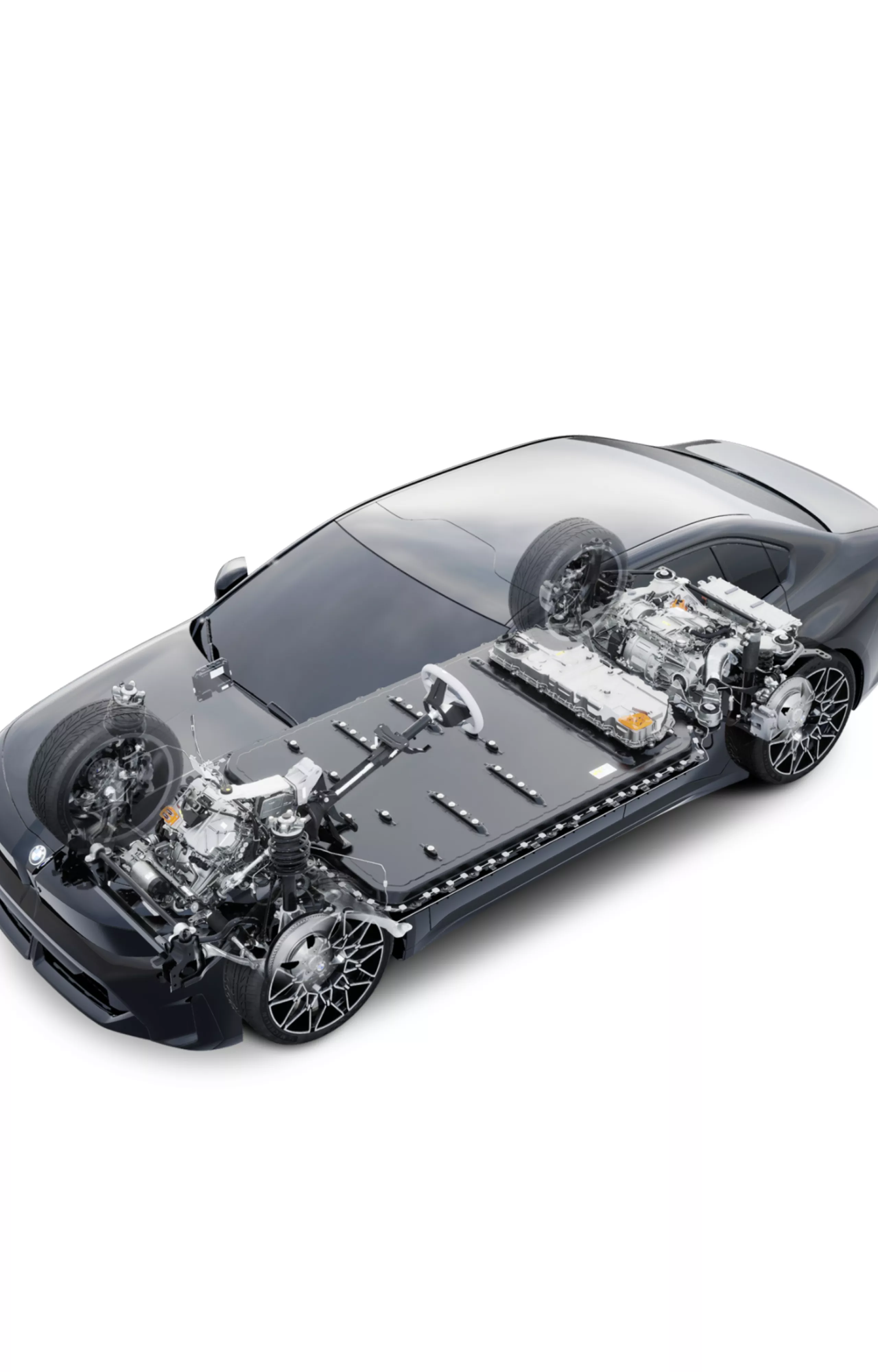 Transparente Darstellung des Antriebsstrangs der BMW i3 Limousine mit hervorgehobener Antriebs- und Batteriearchitektur