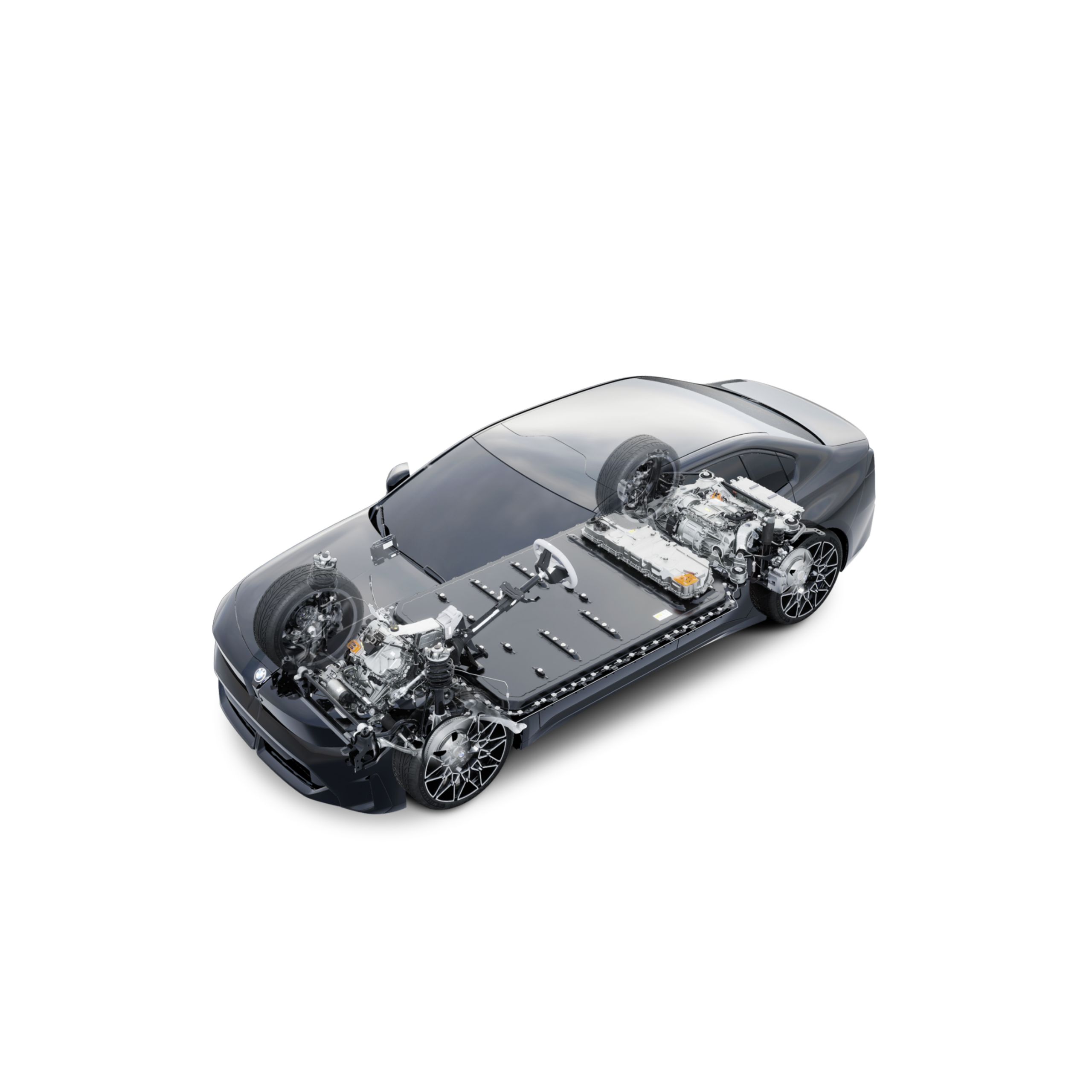 Representación transparente del sistema de propulsión del BMW i3 Berlina con una arquitectura destacada de propulsión y batería