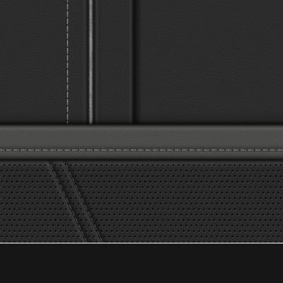 Black artificial leather with grey accents and silver-grey stitching. The black artificial leather is shown non perforated and perforated