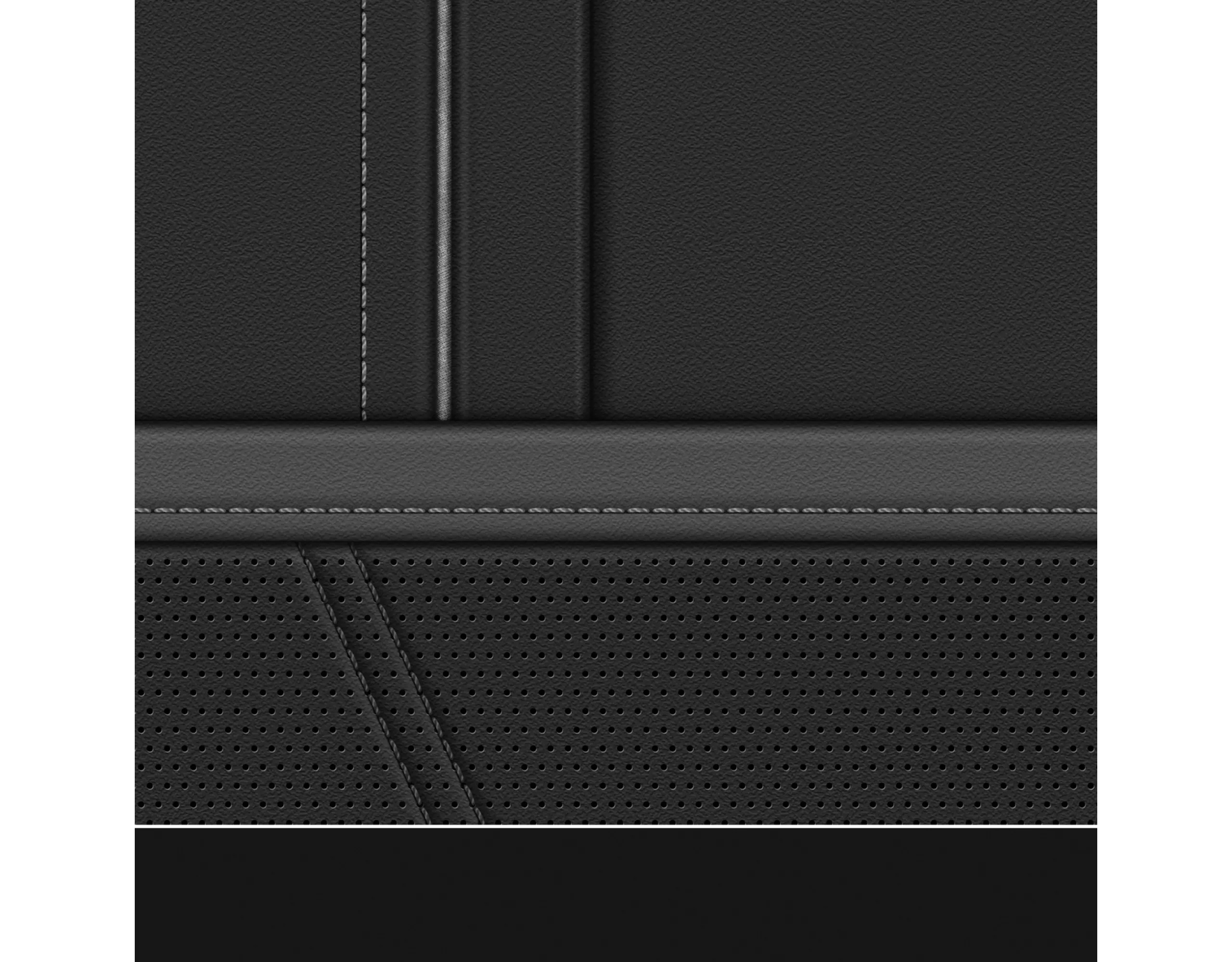 Black artificial leather with grey accents and silver-grey stitching. The black artificial leather is shown non perforated and perforated