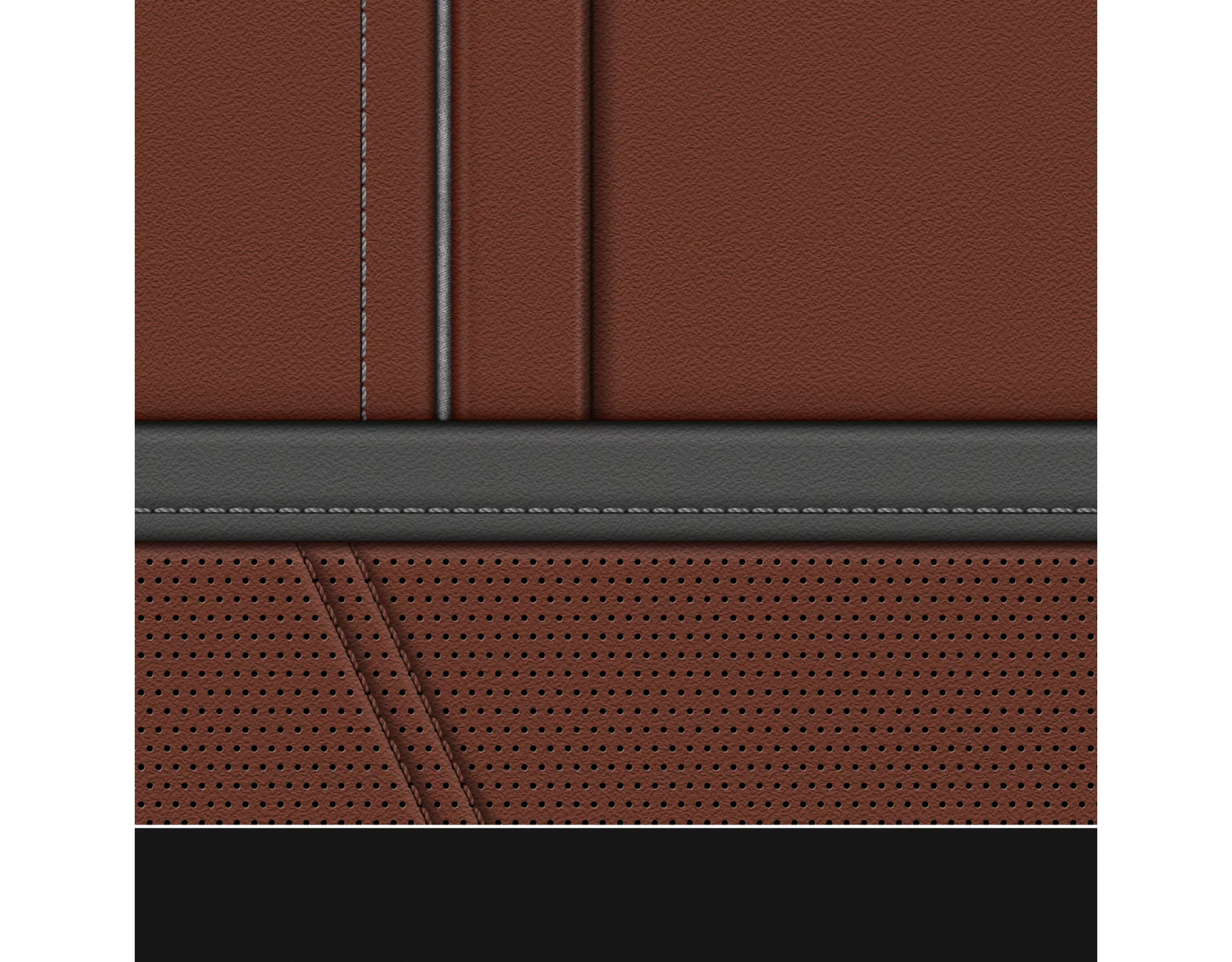 Castanea artificial leather with grey accents and silver-grey stitching. The Castanea artificial leather is shown non perforated and perforated 