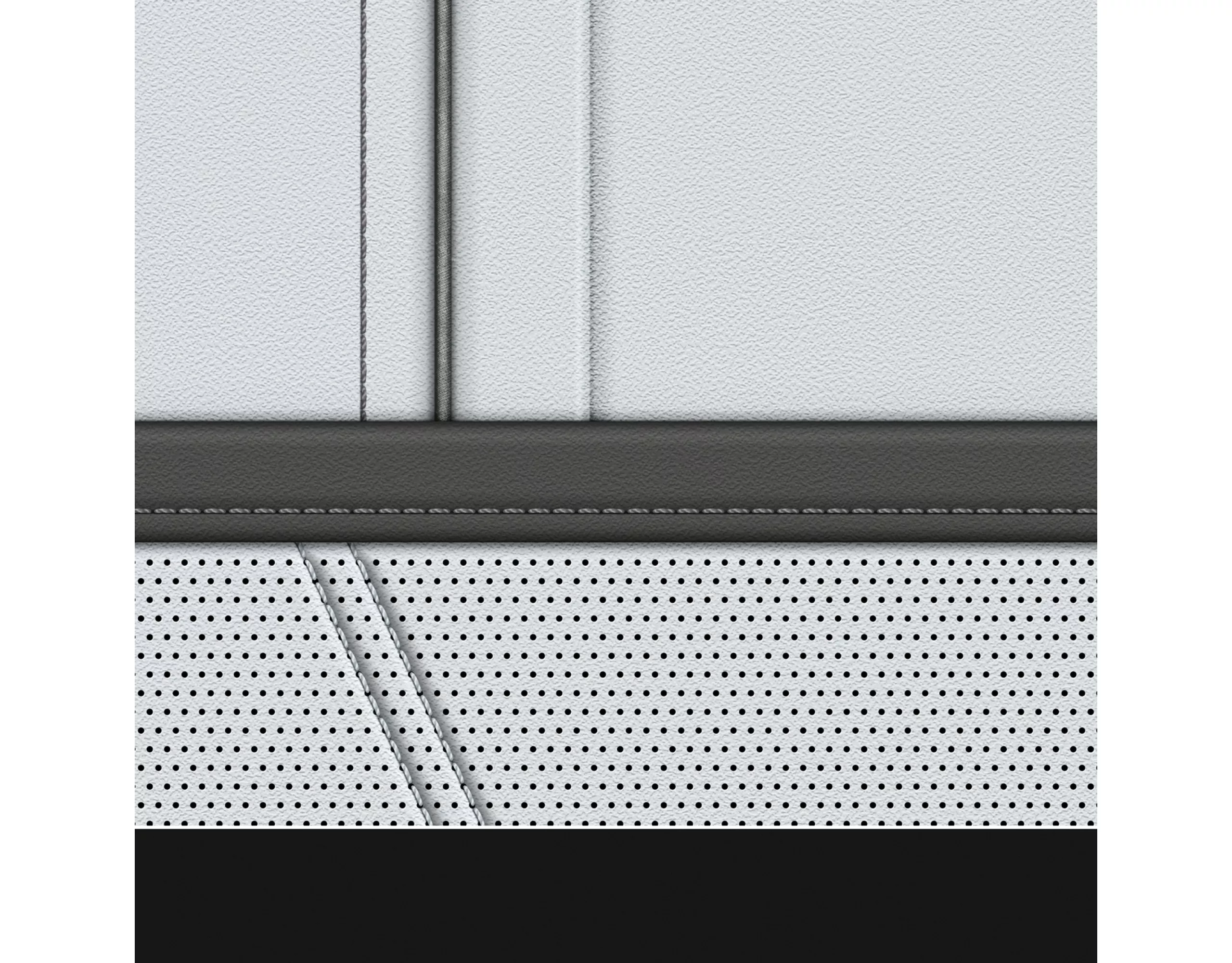 Digital white artificial leather with grey accents and silver-grey stitching. The digital white artificial leather is shown non perforated and perforated 