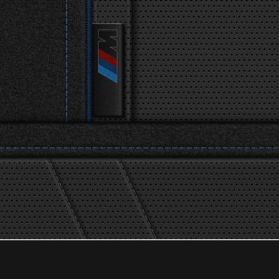 Warp knitted fabric with Favoured Blue stitching and black artificial leather. The black artificial leather is shown non perforated and perforated 