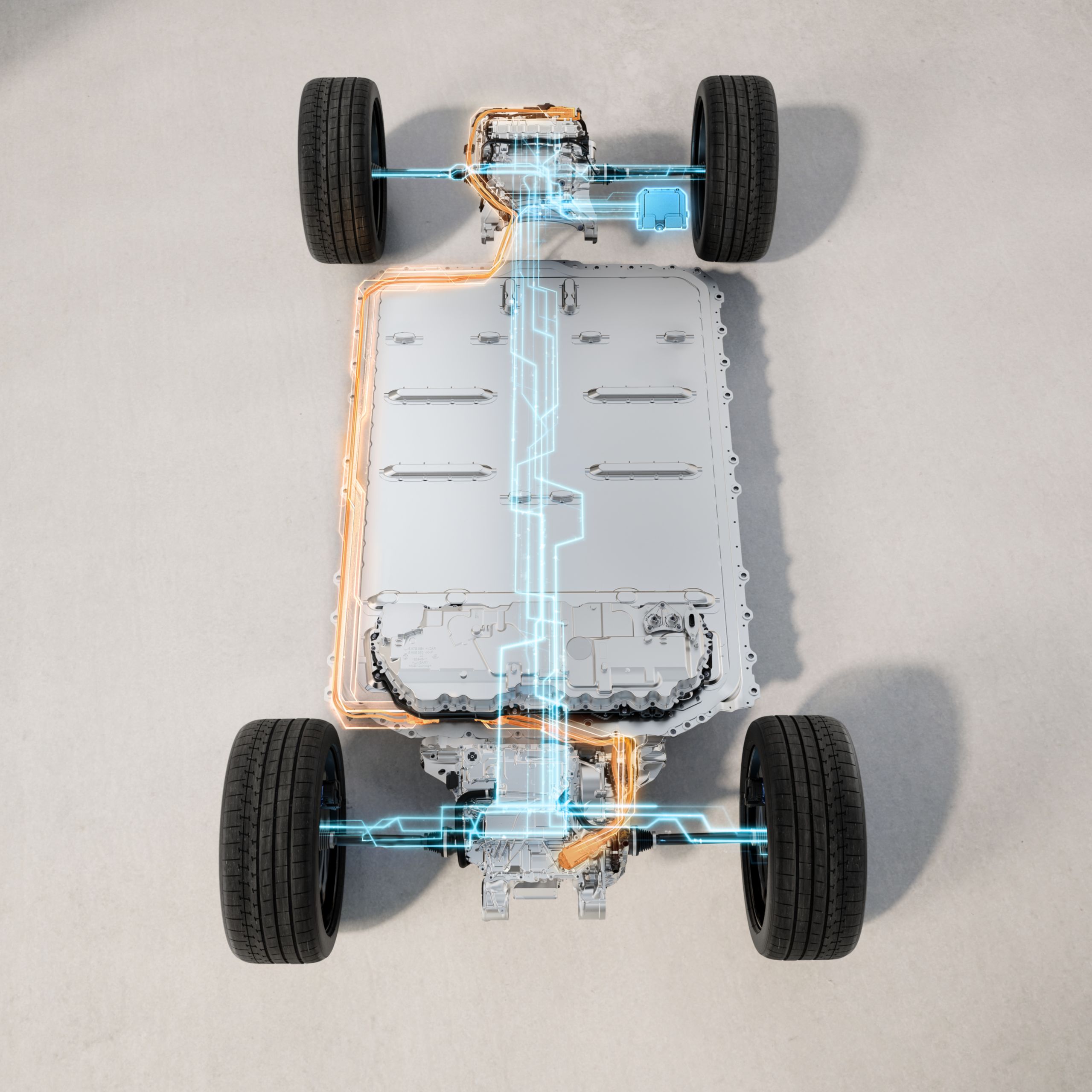 An almost transparent BMW stands in a bright, modern setting, showcasing the electric motors on the front and rear axles