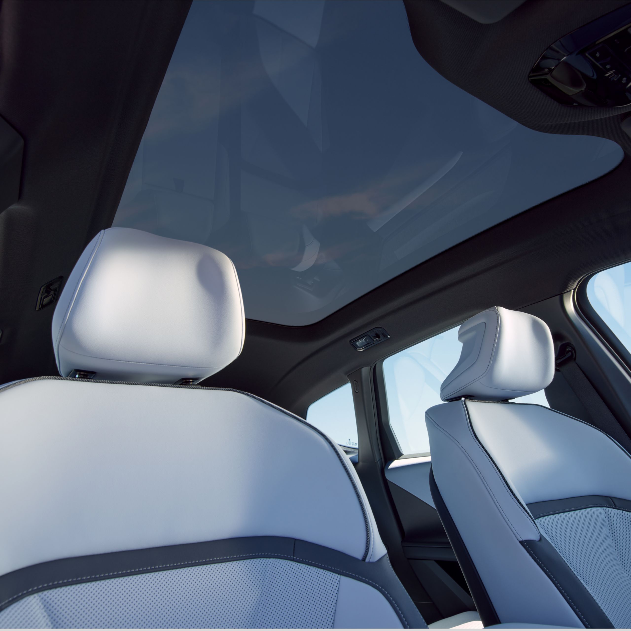 View of the panoramic glass roof from the passenger seat
