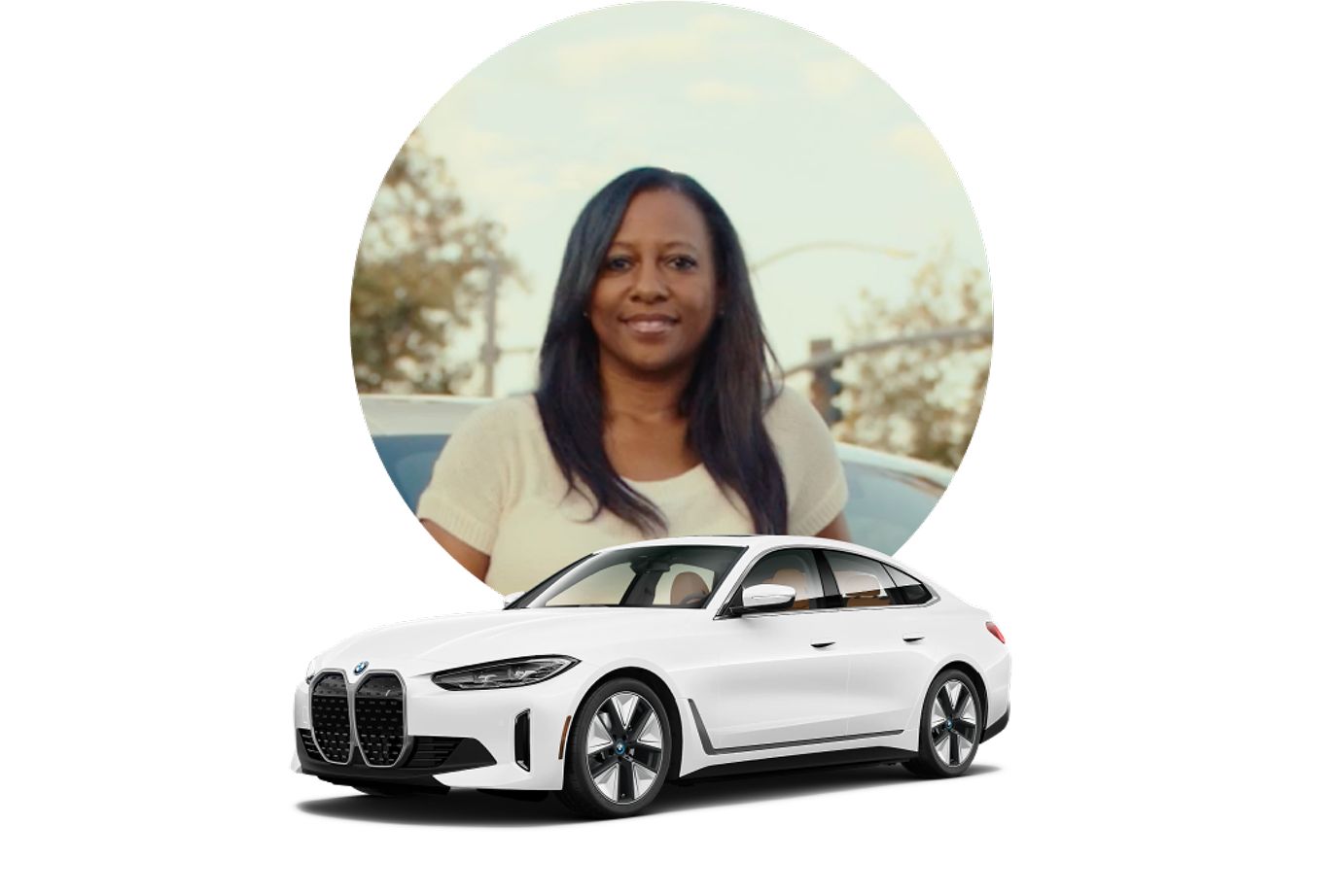 A headshot of Simone, a BMW EV driver, and her BMW i4 Gran Coupe
