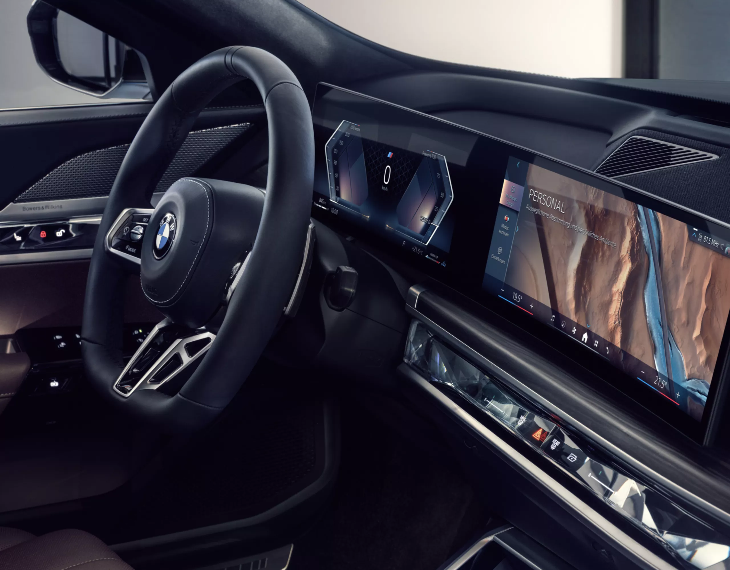BMW cockpit with steering wheel, instruments and display