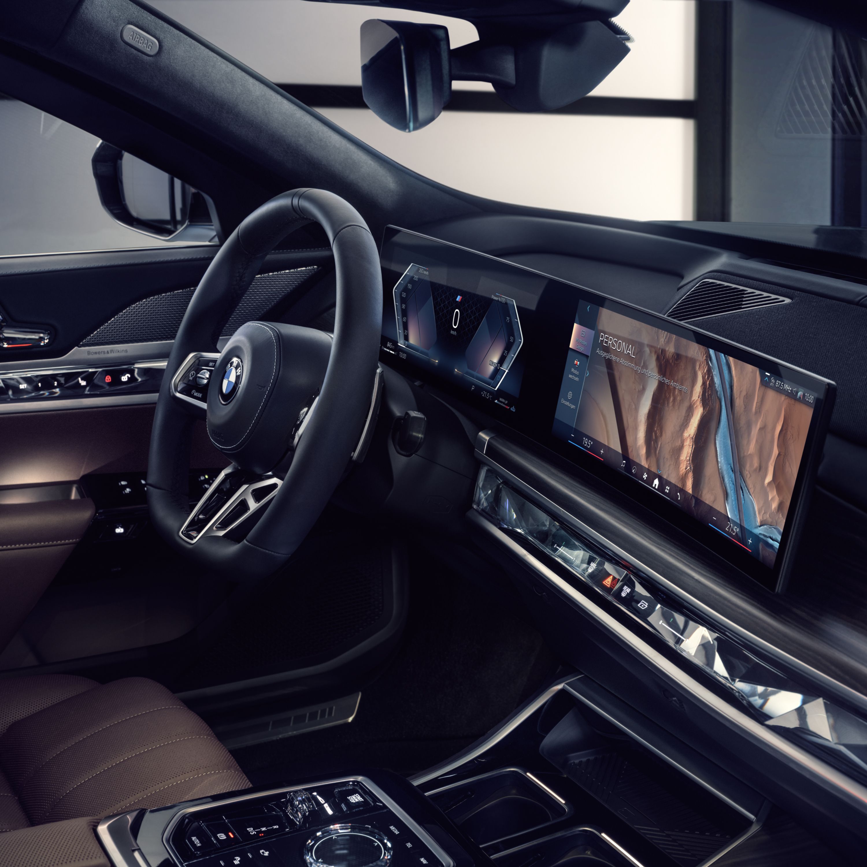 BMW cockpit with steering wheel, instruments and display