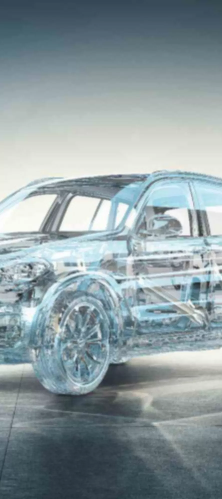 Imagem digital de um BMW SUV translúcido, visto de frente e de lado, com a estrutura interior parcialmente visível.