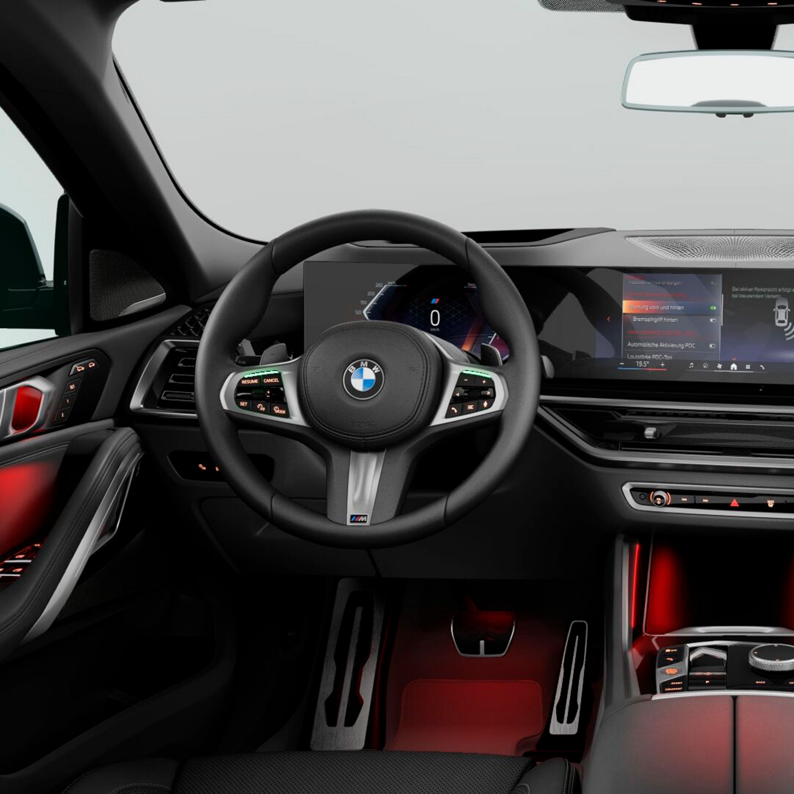 Visão do cockpit do BMW X6 SUV com o volante de couro M em foco e painel de instrumentos ao fundo